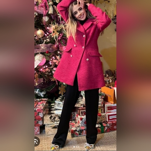 NWT Zara Textured Tweed Double-Breasted Coat Pink Rhinestone Buttons Size XS - Picture 2 of 13